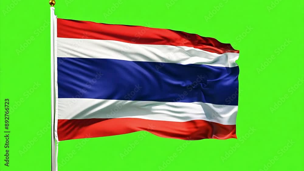 Thailand national flag waving in the wind in slow motion against a chroma key green screen.