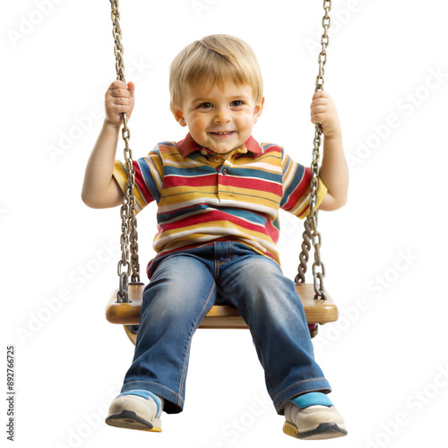 Little boy joyfully swinging on a swing set photo