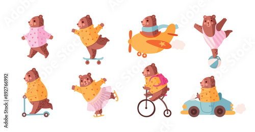 Funny bear. Cute characters on vintage scooter. Adorable animal in sweater. Wild boy toy on art bike or bicycle. Happy mammals on plane. Comic teddy skating. Vector cartoon elements set