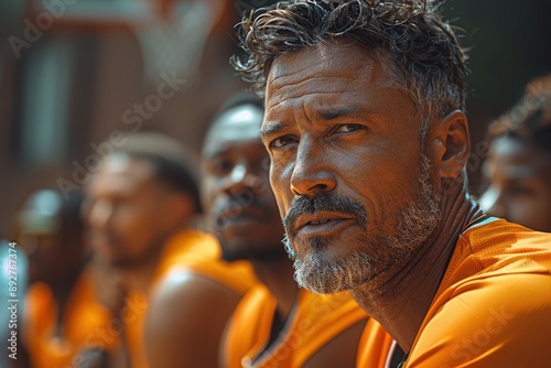 Close-Up Portrait of Pensive Man in Focus Amidst Fellow Athletes Wearing Bright Orange Jerseys on a Basketball Court BenchPensive