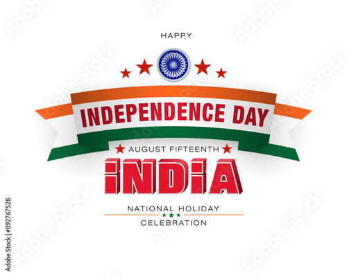 Holiday design, background with handwriting and 3D texts, spinning wheel and national flag colors for August fifteenth, India Independence day, celebration; Vector illustration.