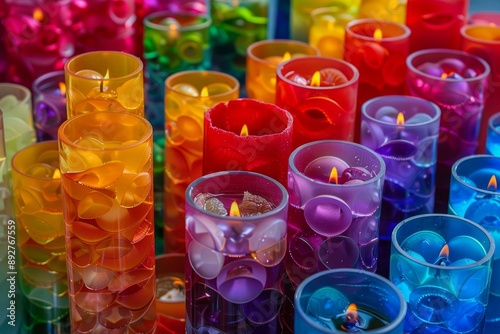Vibrant display of multicolored votive candles illuminating with a soft glow