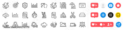 Cloud share, Manual and Home charging line icons pack. Social media icons. Pantothenic acid, Squad, Sun energy web icon. Growth chart, Cloud computing, Cut pictogram. Vector