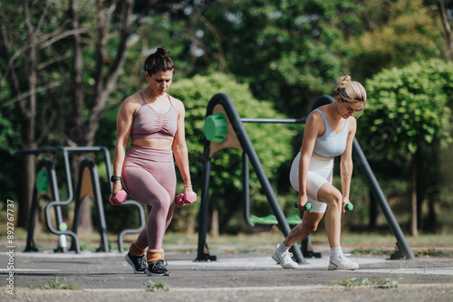 Two women exercising with dumbbells doing calisthenics and strength training in an outdoor park area.