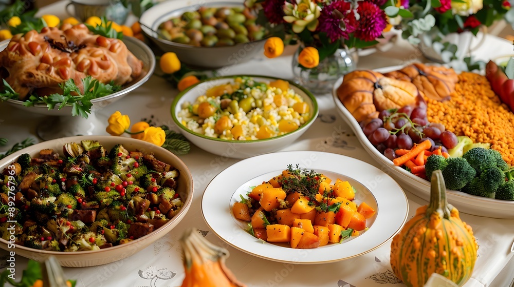 Bountiful Thanksgiving Spread with Vibrant Vegetarian Dishes on Rustic Dining Table