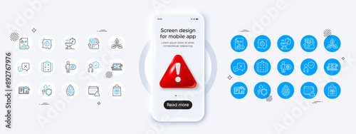 Timer, Reject and Artificial colors line icons. Phone mockup with 3d danger icon. Pack of Report, Grill time, Holidays shopping icon. Vector