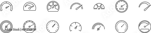 Speedometer vector thin line icons set. Dashboard, indicator, gauge, scale, tachometer icon isolated. Car speed. Fast internet speed sign. Speedometer sign.