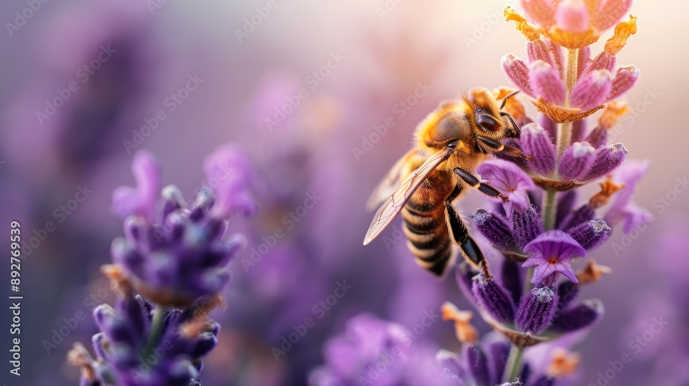 A detailed macro shot of a bee on lavender flowers, illuminated by sunlight, showcasing the beautiful natural interaction and the vital role of bees in the ecosystem. A detailed macro shot of a bee on lavender flowers, illuminated by sunlight, showcasing the beautiful natural interaction and the vital role of bees in the ecosystem.