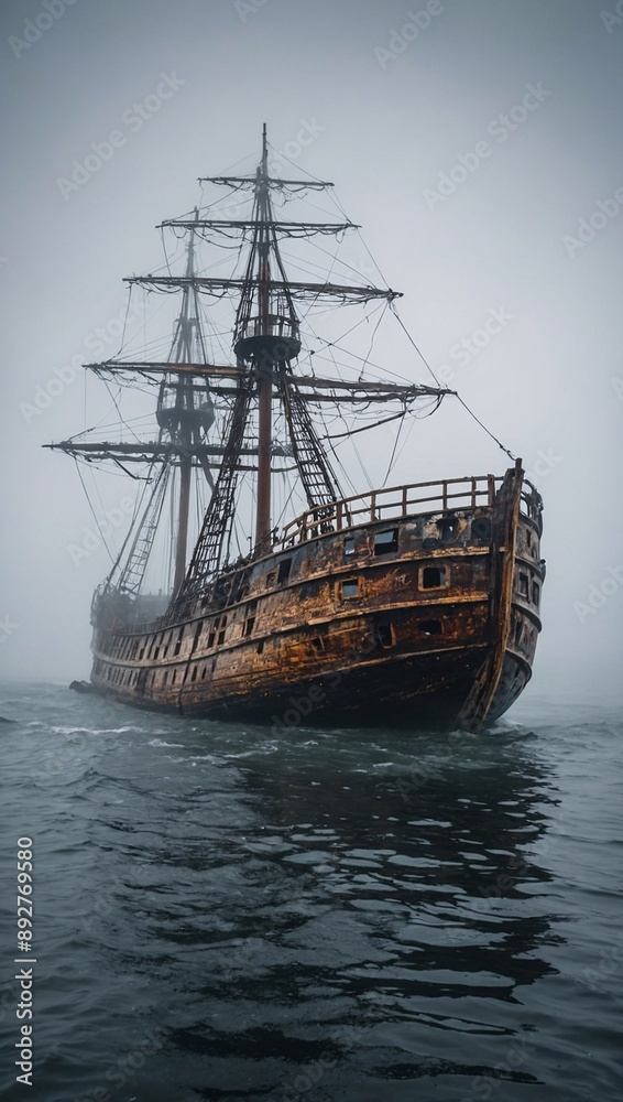 Ghost Ship Emerging from Foggy Seas at Dusk Ghost Ship Emerging from Foggy Seas at Dusk
