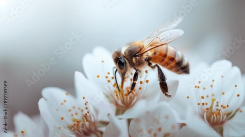 A gentle image of a bee collecting pollen from white flowers with a soft, delicate background, highlighting the gentle interaction of the bee with its environment. photo