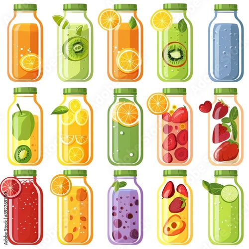 Selection of smoothies and juices in bottles with an assortment of fresh produce