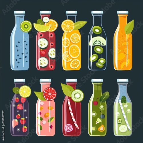Refreshing smoothies and juices in bottles with a backdrop of fruits and vegetables