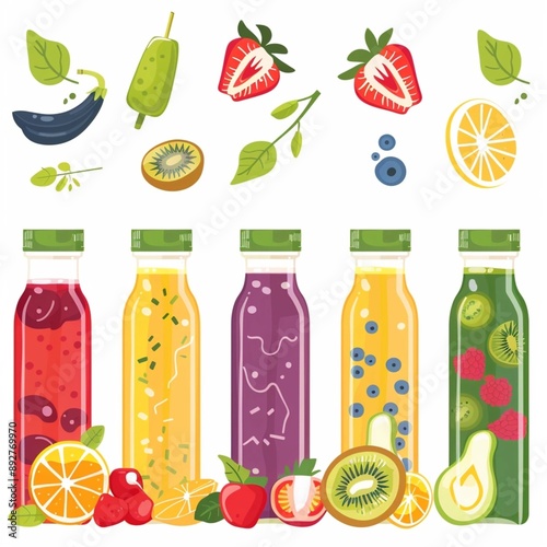 Colorful fruit and vegetable smoothies in bottles with fresh ingredients displayed