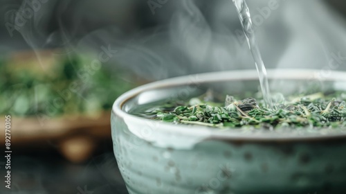 A close-up of hot water being poured into a ceramic bowl filled with various herbs, creating steam as the herbs brew into a fresh, aromatic tea blend. photo