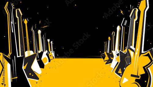 Rock music background decorated with guitar for music festival or concert banner.