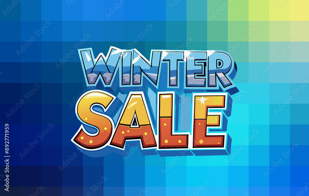 Naklejka premium Winter Sale in 3D Font on blue squares gradient background for publication, screensaver, wallpaper, postcard, poster, banner, cover, website