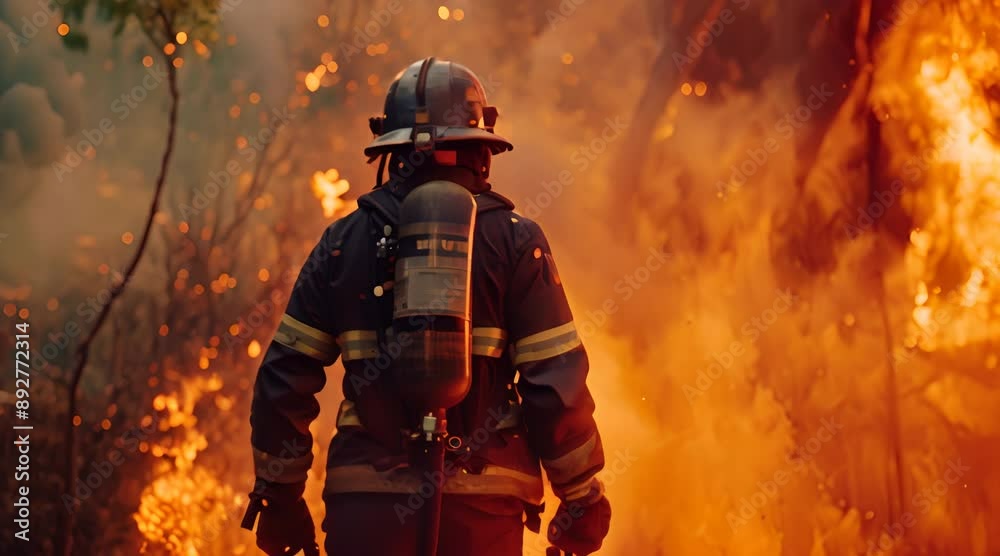 a firefighter in the middle of a blaze to put out the fire. a firefighter in the middle of a blaze to put out the fire.