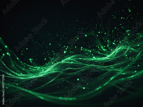 Glowing green particles form a dynamic digital wave with scattered shining stars