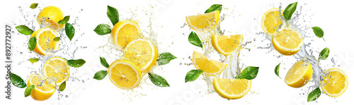 Set of fresh delicious lemons splashing with leaves, cut out photo