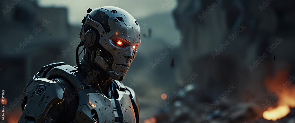 Fototapeta premium cyborg soldier fighting in a warzone movie story seen trail cam footage, rear view, wide angle shot, a striking contrast against the soft, blurred background, with a digital interface overlaid