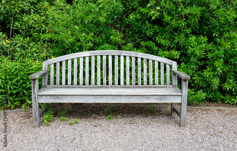 Empty wooden bench in the park with green background Empty wooden bench in the park with green background