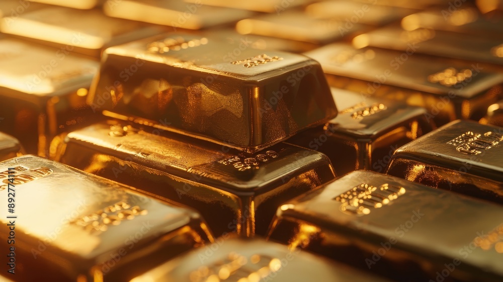 Close-up of Stacked Gold Bars Shining in a Financial Setting. Financial Security Close-up of Stacked Gold Bars Shining in a Financial Setting. Financial Security