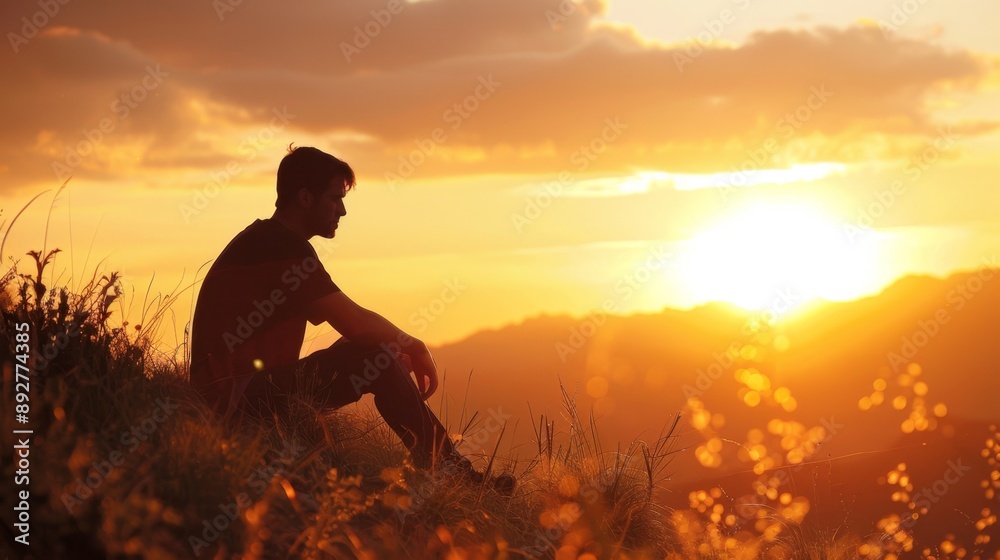 Obraz premium Serene Sunset Contemplation: Man Reflecting Amidst Nature