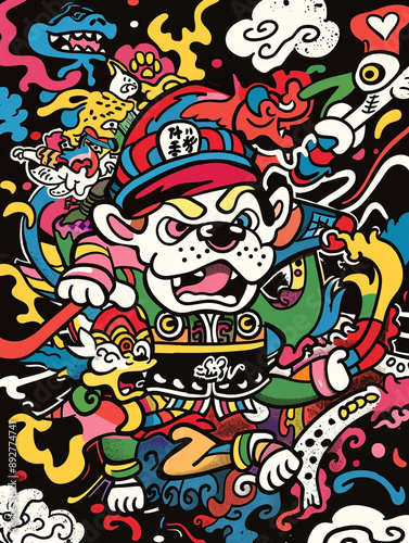 A colorful storybook cover for kids of an anthropomorphic excited ninja and dog