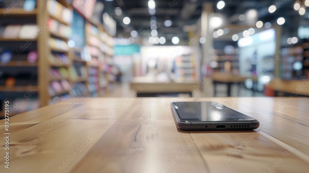 a clean table top displaying a smartphone and accessories, with a blurred tech store background and a USA flag theme a clean table top displaying a smartphone and accessories, with a blurred tech store background and a USA flag theme