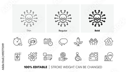 Disability, Account and Megaphone line icons. Pack of Ranking, Money, Eco power icon. Cogwheel, Talk bubble, Cyber attack pictogram. Timer, Mail, Safe planet. Calendar, Lock, Gas station. Vector