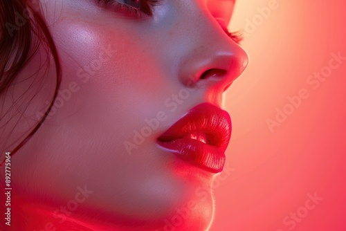 A close-up portrait of a woman's face, showcasing her red lipstick and smooth skin. The background is a soft, pink hue.