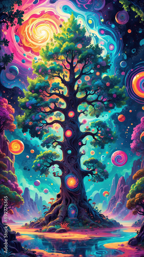 a fascinating 3D illustration of a towering tree with swirling psychedelic colored circles to use as a mobile phone screen a fascinating 3D illustration of a towering tree with swirling psychedelic colored circles to use as a mobile phone screen
