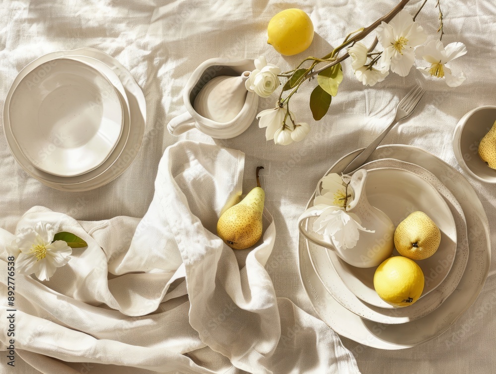 Elegant Tablescaping: Ceramic Dishes, Fresh Citrus, and Textured Linen Elegant Tablescaping: Ceramic Dishes, Fresh Citrus, and Textured Linen
