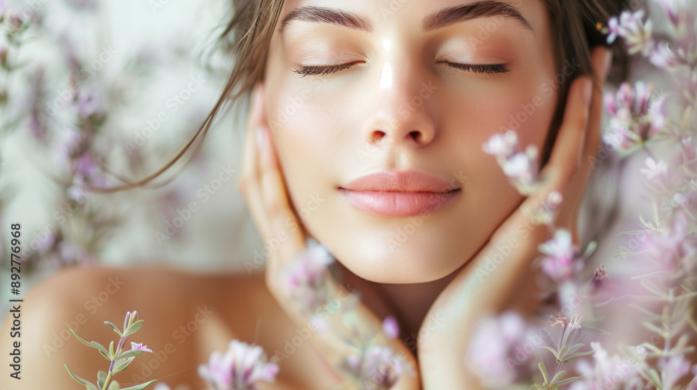 Young woman is lying down with her eyes closed, surrounded by purple flowers, enjoying a moment of relaxation and aromatherapy Young woman is lying down with her eyes closed, surrounded by purple flowers, enjoying a moment of relaxation and aromatherapy