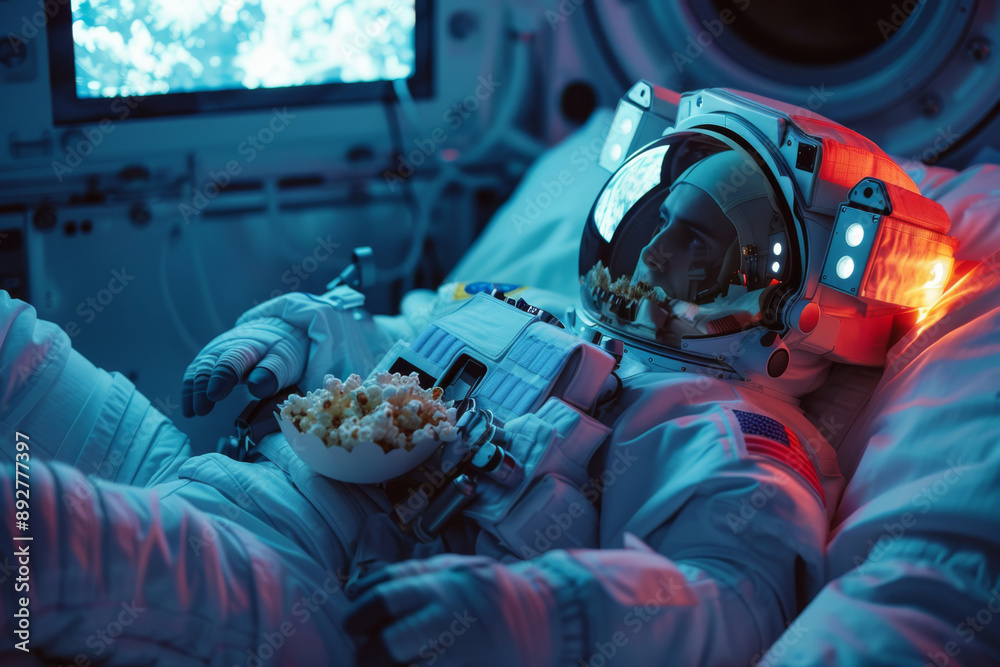 Obraz premium An astronaut is relaxing in space in a spacesuit with popcorn on his chest and watching TV. An astronaut lies on his back inside a spacecraft with various equipment and a screen placed in background.