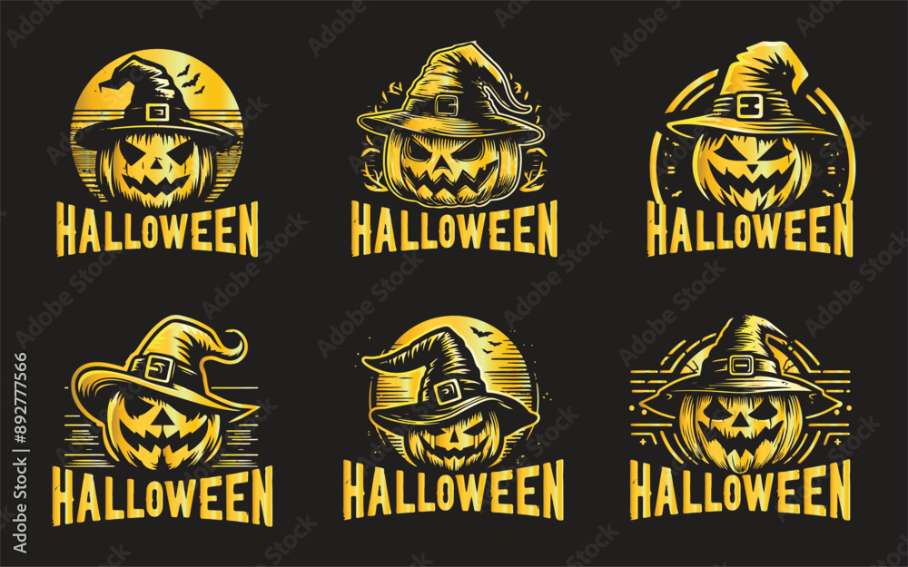 Naklejka premium A set of Halloween pumpkin silhouettes carved into faces. Black pumpkin face patterns isolated on orange. Scary and funny faces of pumpkin or ghost for Halloween. Vector illustration