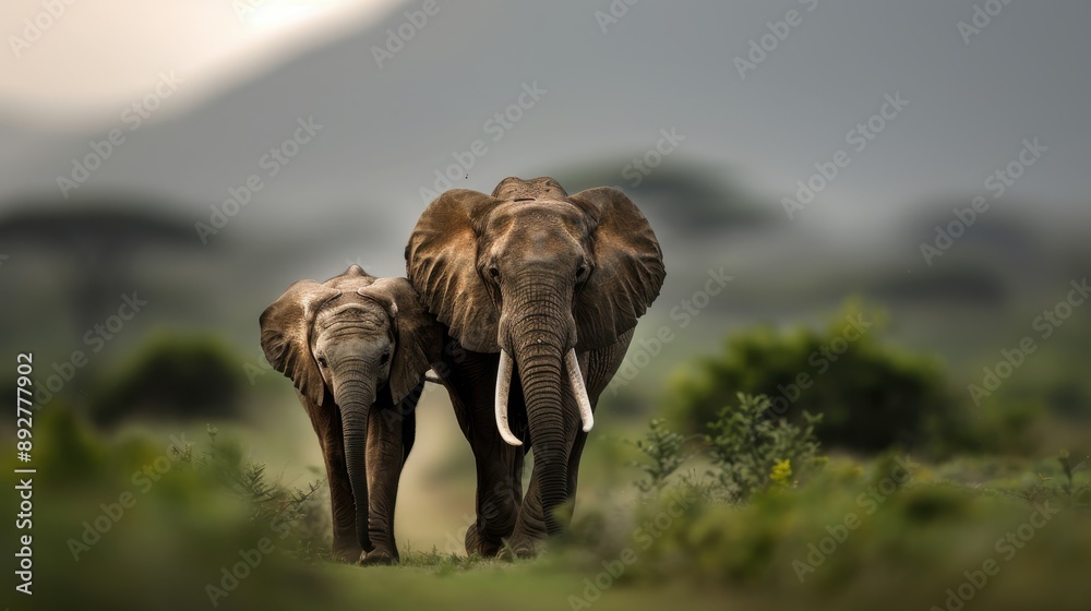 Fototapeta premium An image depicting a mother elephant walking alongside her calf, set against a backdrop of tranquil scenery, emphasizing familial bond, protection, and natural beauty.