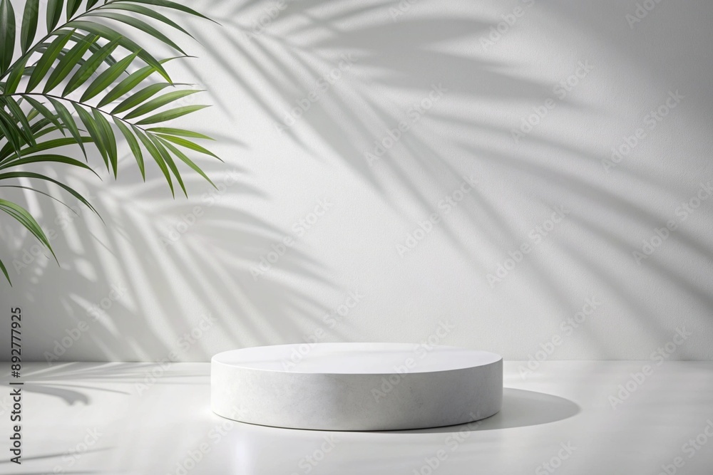 White background of wall with palm shadows and white stone podium. 