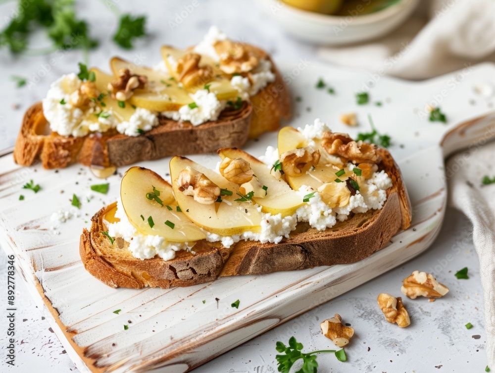 Pear and Honey Bruschetta: A Delicious Appetizer on a White Board Pear and Honey Bruschetta: A Delicious Appetizer on a White Board