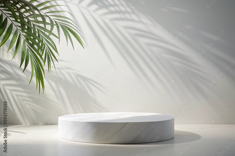 White background of wall with palm shadows and white stone podium. White background of wall with palm shadows and white stone podium.