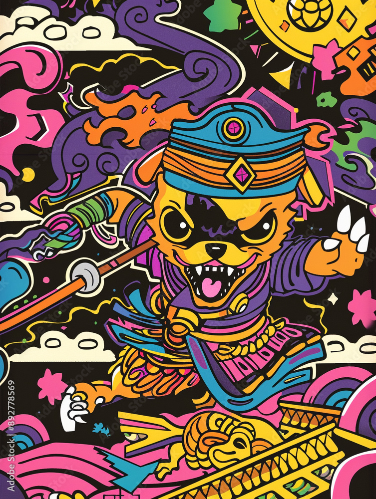 Obraz premium A colorful storybook cover for kids of an anthropomorphic excited ninja and dog