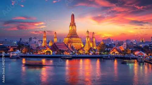 Bangkok Thailands Wat Arun Temple at sunset a prominent landmark