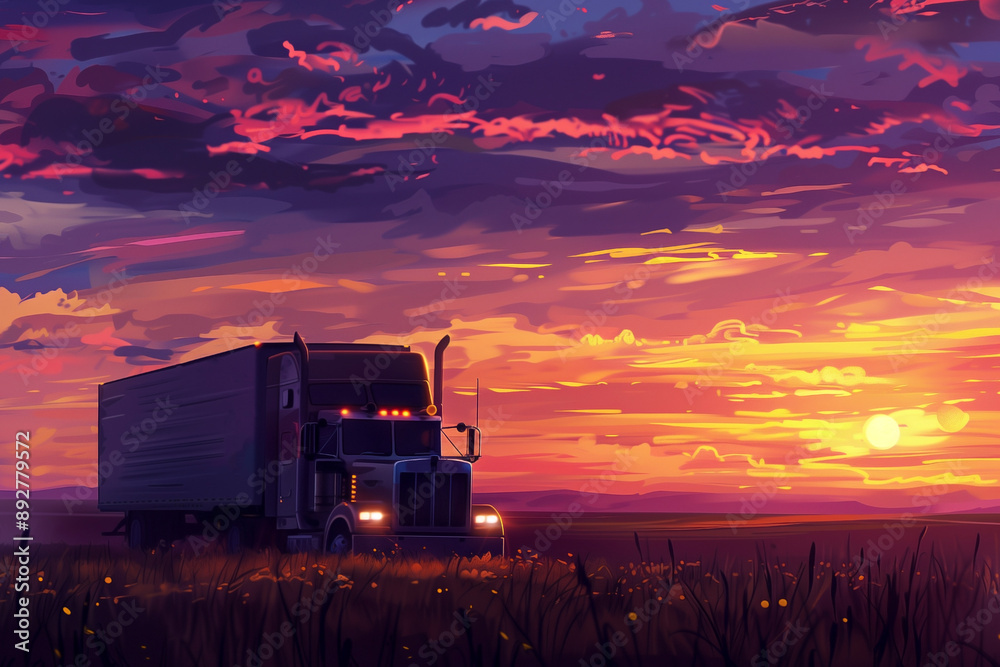 сargo truck driving through landscape at sunset сargo truck driving through landscape at sunset