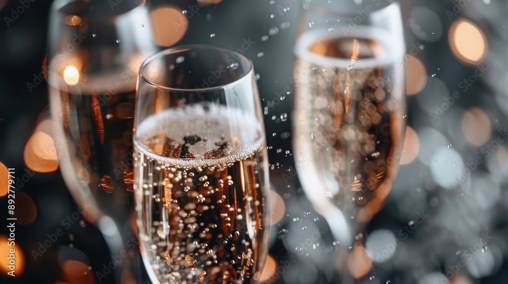 An image of three champagne glasses filled with bubbly drink, highlighted by the presence of effervescent bubbles and a background filled with bokeh lights, ideal for celebrations. An image of three champagne glasses filled with bubbly drink, highlighted by the presence of effervescent bubbles and a background filled with bokeh lights, ideal for celebrations.