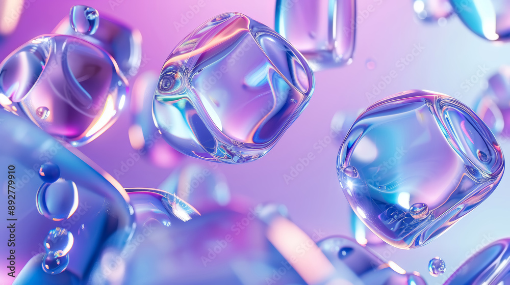 Abstract pc desktop wallpaper background with iridescent ice cubes on a pastel purple background. Abstract pc desktop wallpaper background with iridescent ice cubes on a pastel purple background.