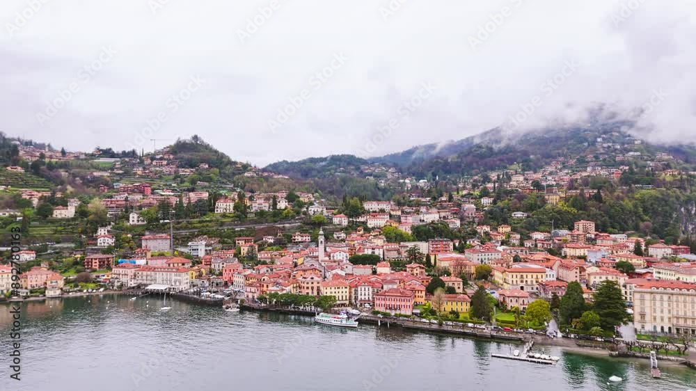 Menaggio old town, Como Lake. Panoramic view of Menaggio Lombardy, Italy. Aerial wide footage Menaggio old town, Como Lake. Panoramic view of Menaggio Lombardy, Italy. Aerial wide footage