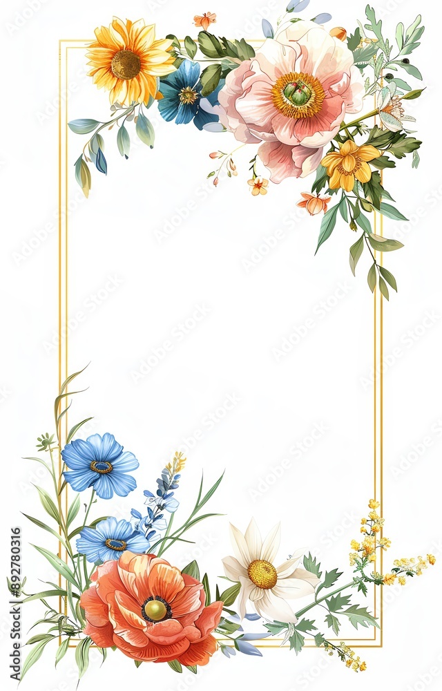 Fototapeta premium A vibrant floral border featuring diverse flowers, perfect for invitations, stationery, or decorative designs.