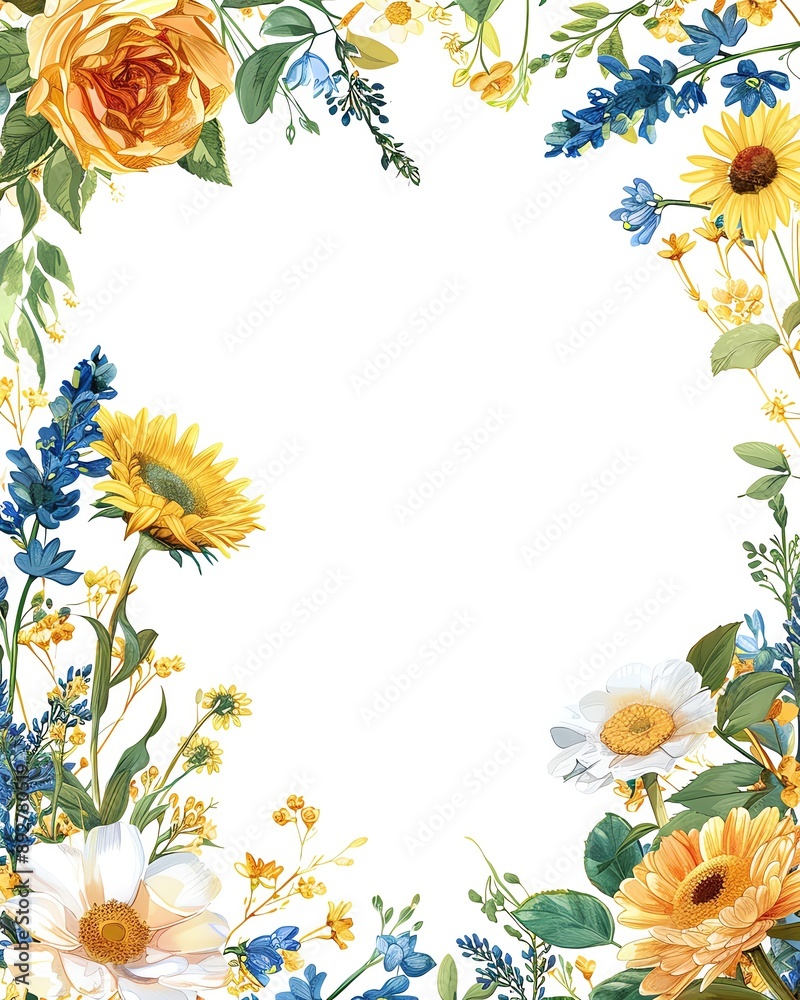 A vibrant floral border featuring sunflowers, roses, and wildflowers, perfect for invitations or decorative designs. A vibrant floral border featuring sunflowers, roses, and wildflowers, perfect for invitations or decorative designs.