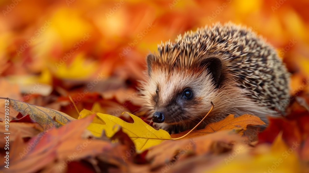 Fototapeta premium Hedgehog in colorful autumn leaves