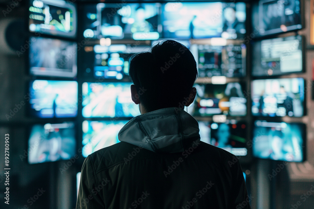 Silhouette of a Person Watching Multiple Screens Silhouette of a Person Watching Multiple Screens